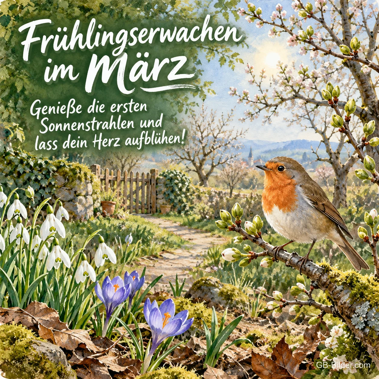 Rotkehlchen am Gartenweg mit Krokussen, Text: Frühlingserwachen im März Rotkehlchen am Gartenweg mit Krokussen, Text: Frühlingserwachen im März