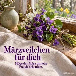 Veilchenstrauß am Fenster, Text: Märzveilchen für dich