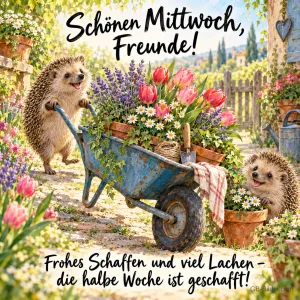 Igel schiebt eine Schubkarre voller Blumen, Text: Schönen Mittwoch, Freunde! – Frohes Schaffen und viel Lachen – die halbe Woche ist geschafft!