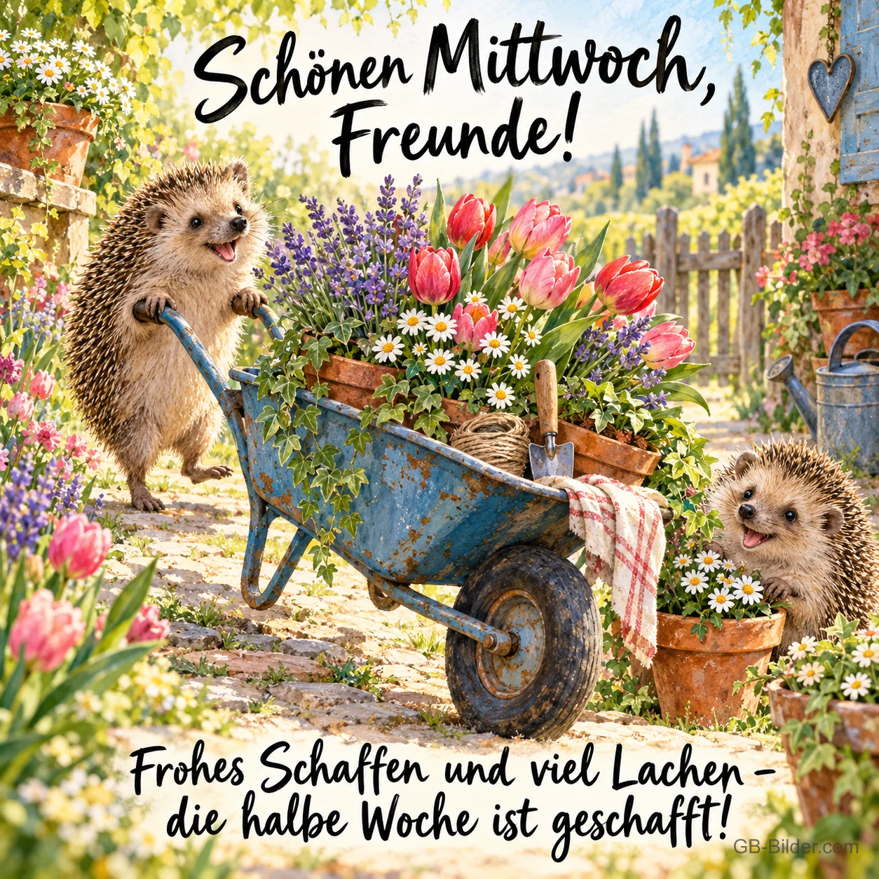 Igel schiebt eine Schubkarre voller Blumen, Text: Schönen Mittwoch, Freunde! – Frohes Schaffen und viel Lachen – die halbe Woche ist geschafft!