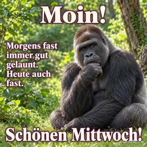 Gorilla stützt nachdenklich das Kinn, Text: Moin! – Morgens fast immer gut gelaunt. Heute auch fast. Schönen Mittwoch!