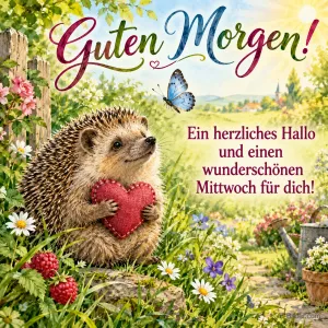 Igel hält ein rotes Herz auf einer Gartenwiese, Text: Guten Morgen! – Ein herzliches Hallo und einen wunderschönen Mittwoch für dich!