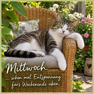 Katze liegt entspannt im Korbsessel, Text: Mittwoch – … schon mal Entspannung fürs Wochenende üben.