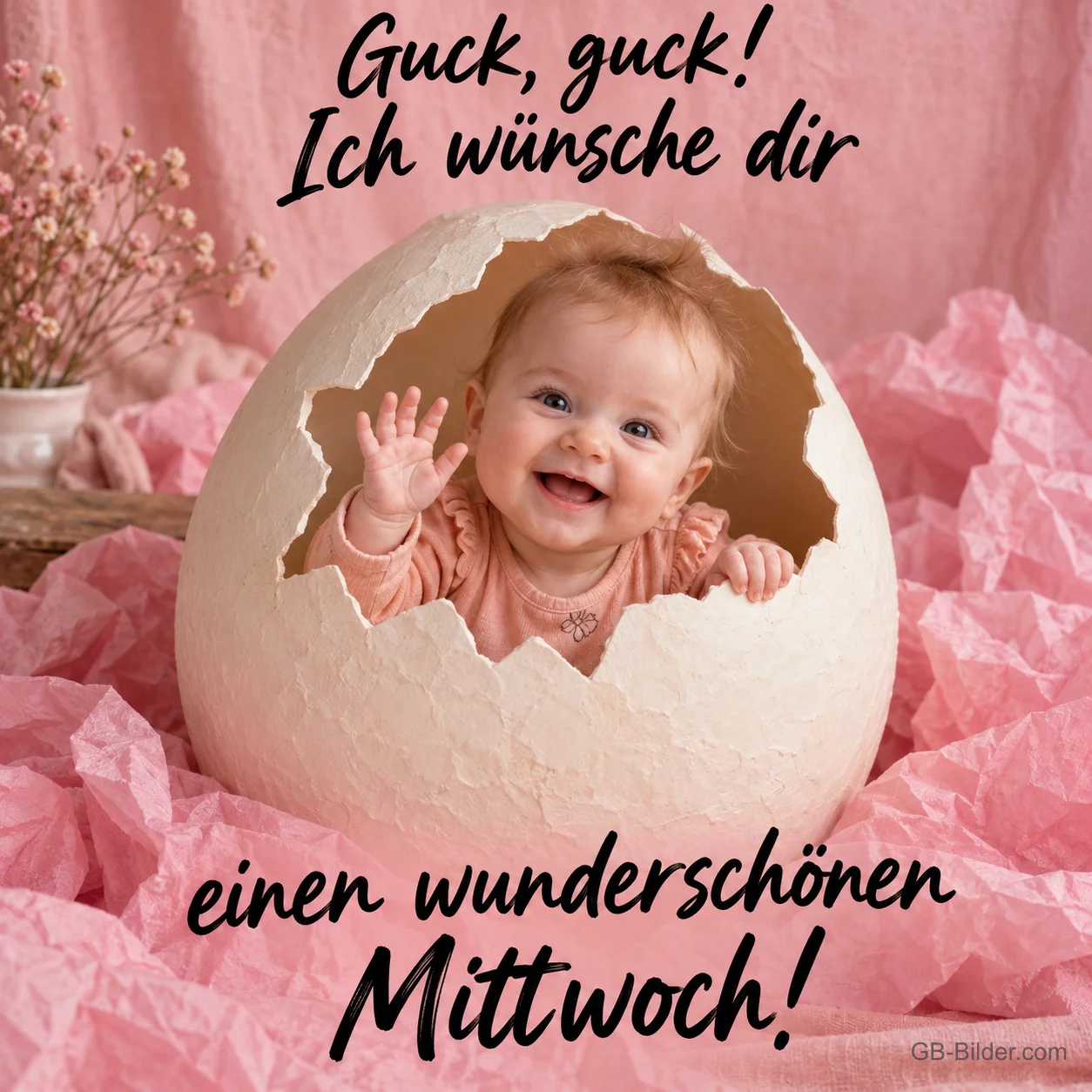 Lachendes Baby winkt aus einer großen Eierschale, Text: Guck, guck! Ich wünsche dir – einen wunderschönen Mittwoch!