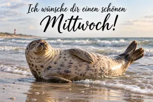 Seehund liegt entspannt in der Brandung, Text: Ich wünsche dir einen schönen Mittwoch!