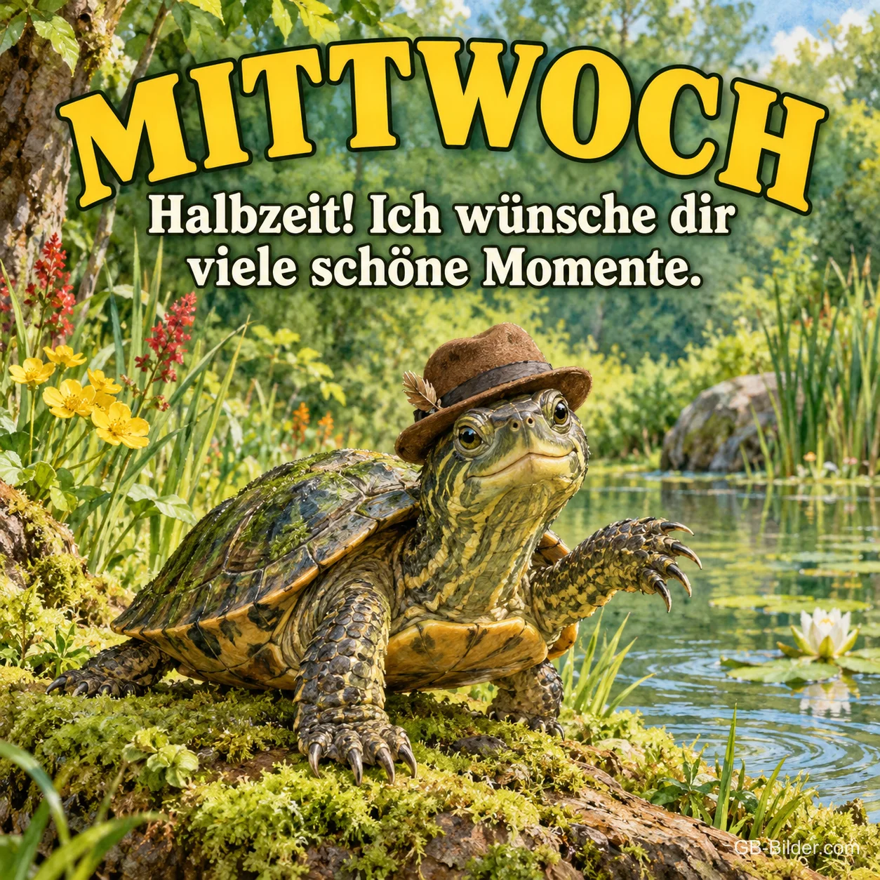 Schildkröte mit Hut winkt am Teich, Text: MITTWOCH – Halbzeit! Ich wünsche dir viele schöne Momente.