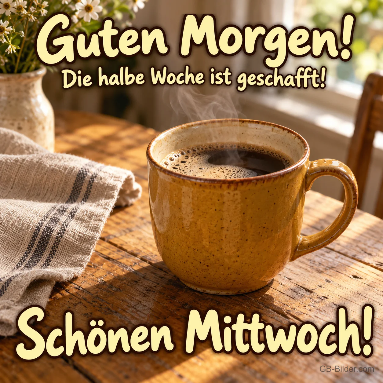 Dampfender Kaffeebecher auf einem Holztisch, Text: Guten Morgen! Die halbe Woche ist geschafft! – Schönen Mittwoch!