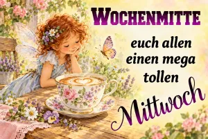 Fee mit Cappuccino, Text: WOCHENMITTE euch allen einen mega tollen Mittwoch