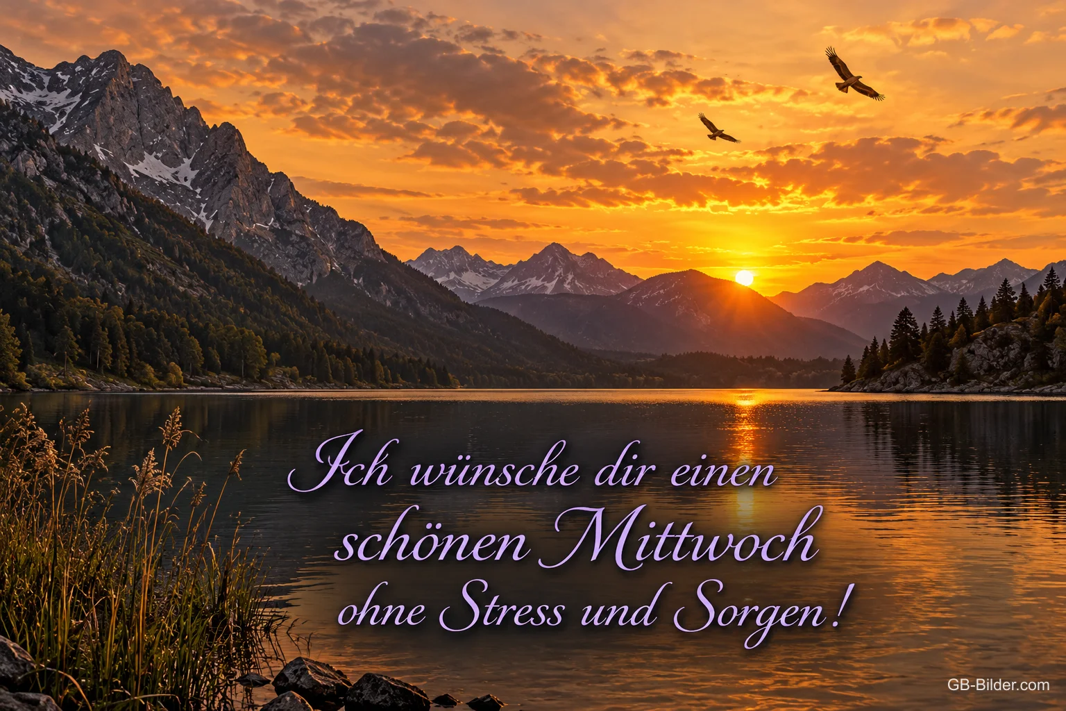 Bergsee mit Schilf im Abendrot, Text: Ich wünsche dir einen schönen Mittwoch ohne Stress und Sorgen!