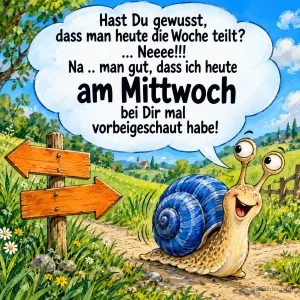 Schnecke mit blauem Haus an einem Wegweiser, Text: Hast Du gewusst, dass man heute die Woche teilt? … Neeee!!! Na .. man gut, dass ich heute am Mittwoch bei Dir mal vorbeigeschaut habe!