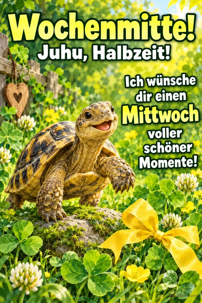 Lachende Schildkröte zwischen Kleeblättern mit gelber Schleife, Text: Wochenmitte! Juhu, Halbzeit! – Ich wünsche dir einen Mittwoch voller schöner Momente!