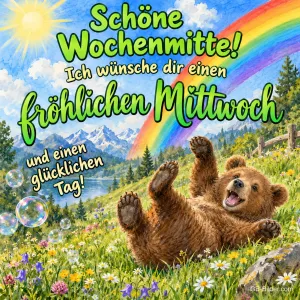 Bär liegt jubelnd in einer Blumenwiese unter einem Regenbogen, Text: Schöne Wochenmitte! – Ich wünsche dir einen fröhlichen Mittwoch und einen glücklichen Tag!