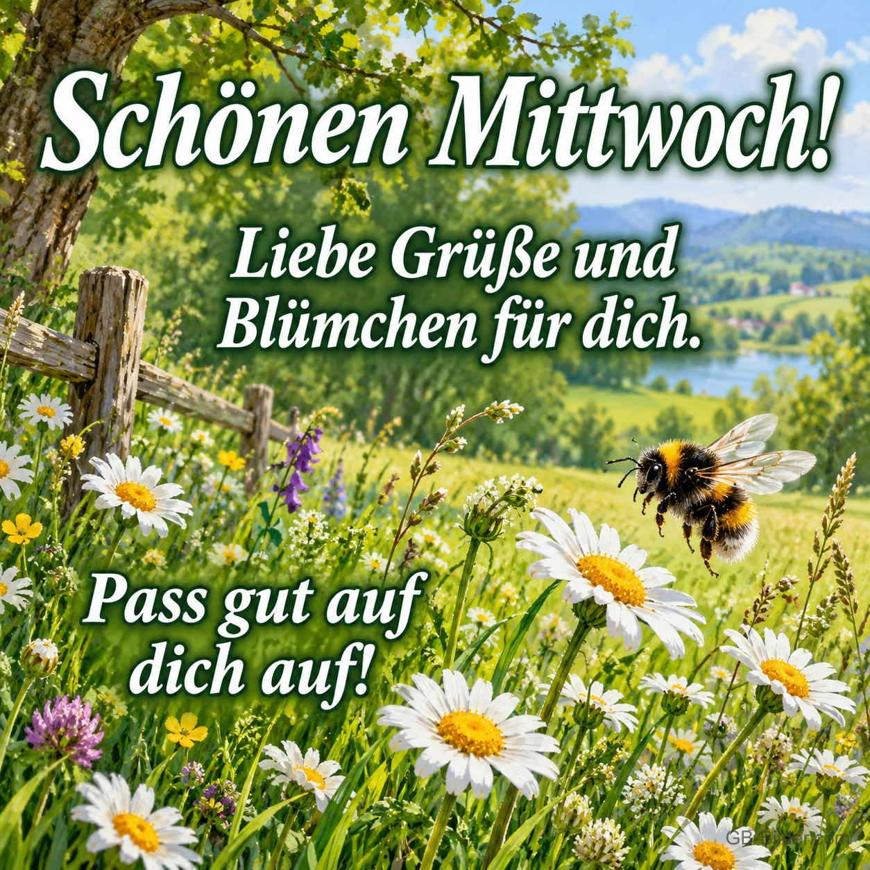 Hummel fliegt über eine Margeritenwiese, Text: Schönen Mittwoch! – Liebe Grüße und Blümchen für dich. Pass gut auf dich auf!