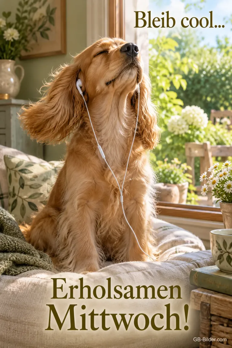 Hund mit Ohrhörern genießt mit geschlossenen Augen die Musik, Text: Bleib cool … – Erholsamen Mittwoch!