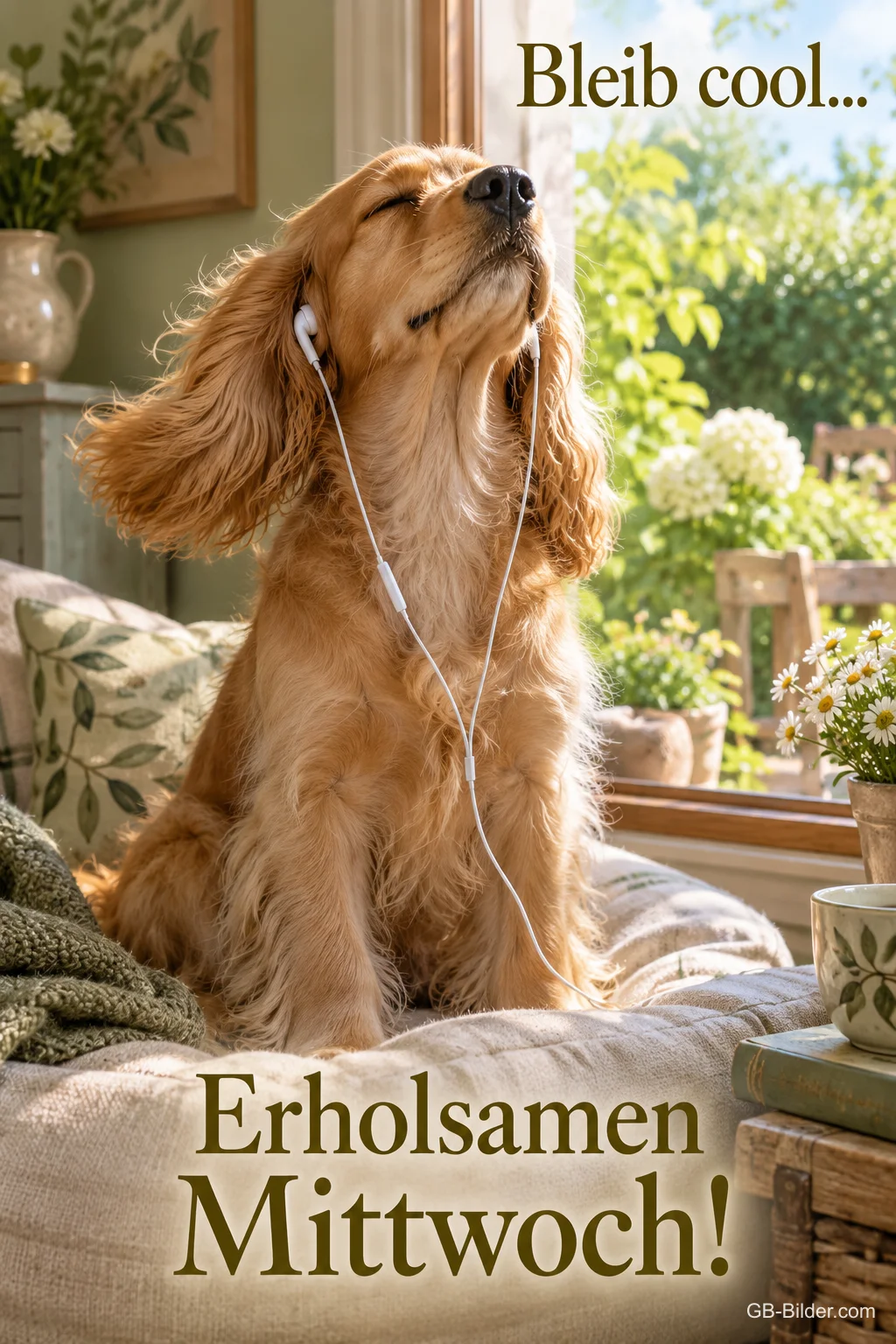 Hund mit Ohrhörern genießt mit geschlossenen Augen die Musik, Text: Bleib cool … – Erholsamen Mittwoch!