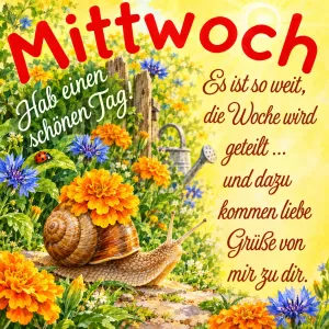 Schnecke trägt eine Ringelblume auf dem Haus durch einen Blumengarten, Text: Mittwoch – Es ist so weit, die Woche wird geteilt … und dazu kommen liebe Grüße von mir zu dir. Hab einen schönen Tag!
