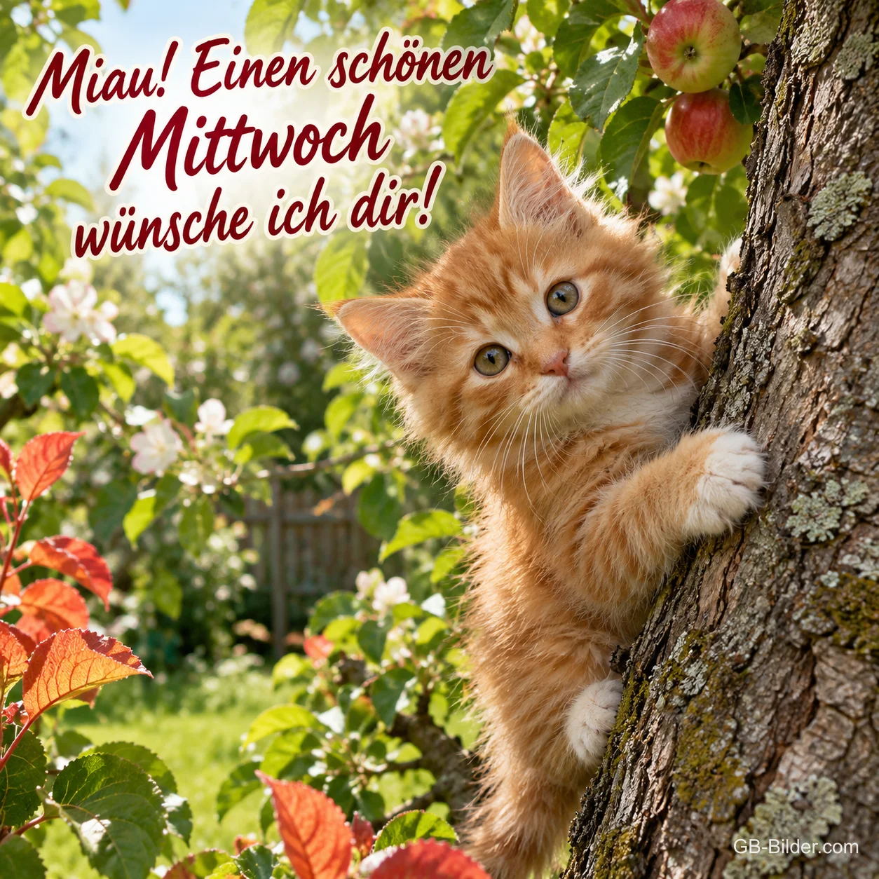 Rotes Kätzchen klettert an einem Baumstamm, Text: Miau! Einen schönen Mittwoch wünsche ich dir!