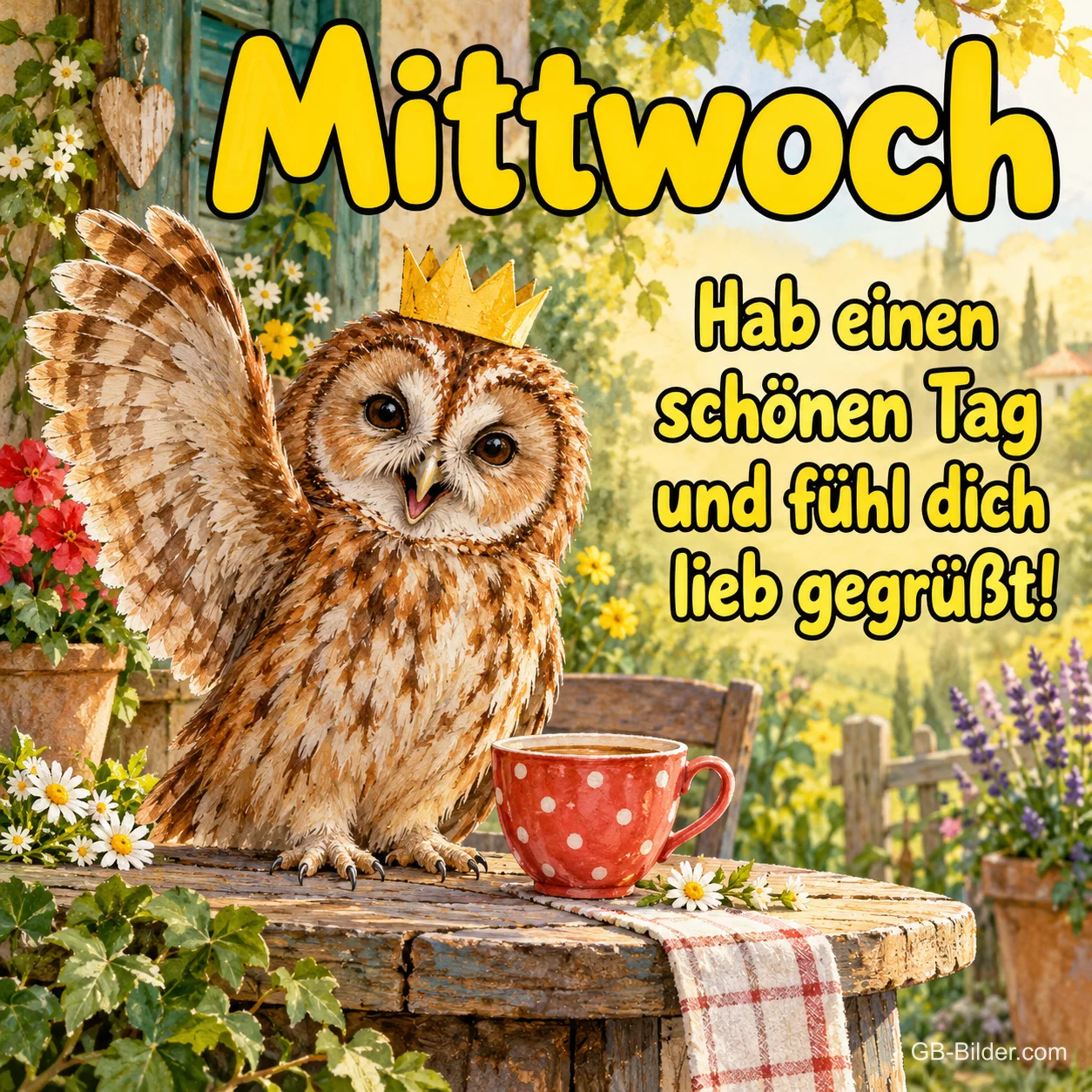 Eule mit Krone neben einer Punkte-Tasse, Text: Mittwoch – Hab einen schönen Tag und fühl dich lieb gegrüßt! Eule mit Krone neben einer Punkte-Tasse, Text: Mittwoch – Hab einen schönen Tag und fühl dich lieb gegrüßt!