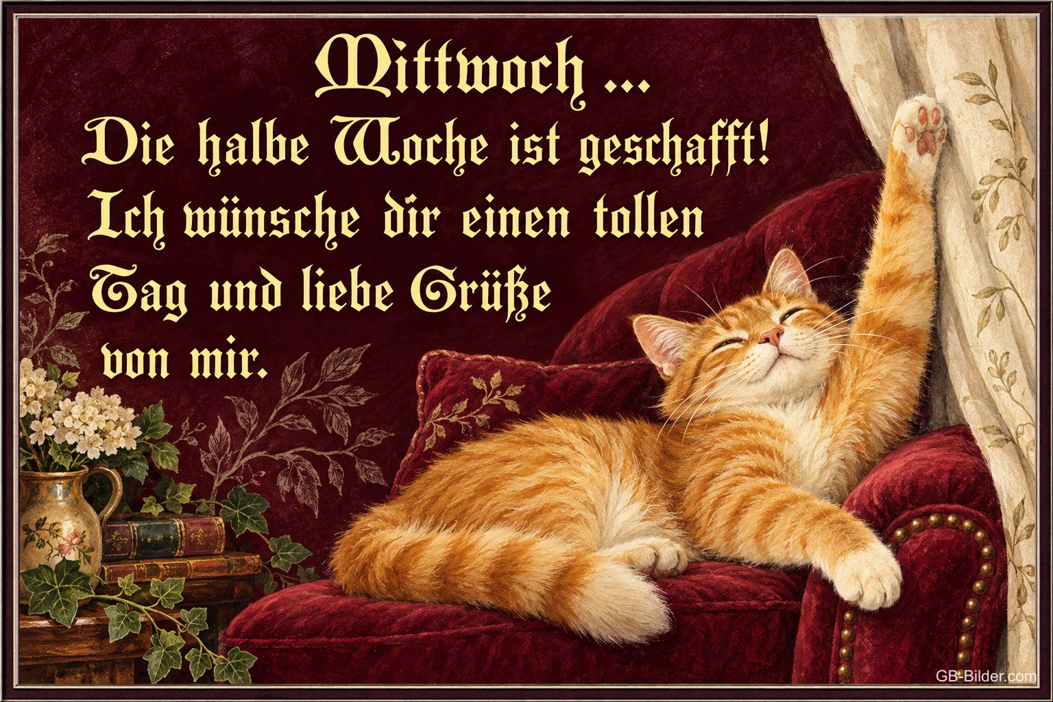 Rote Katze streckt sich auf einem Sessel am Fenster, Text: Mittwoch … Die halbe Woche ist geschafft! Ich wünsche dir einen tollen Tag und liebe Grüße von mir.