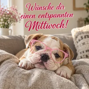 Bulldoggenwelpe mit rosa Brille liegt auf dem Sofa, Text: Wünsche dir einen entspannten Mittwoch!