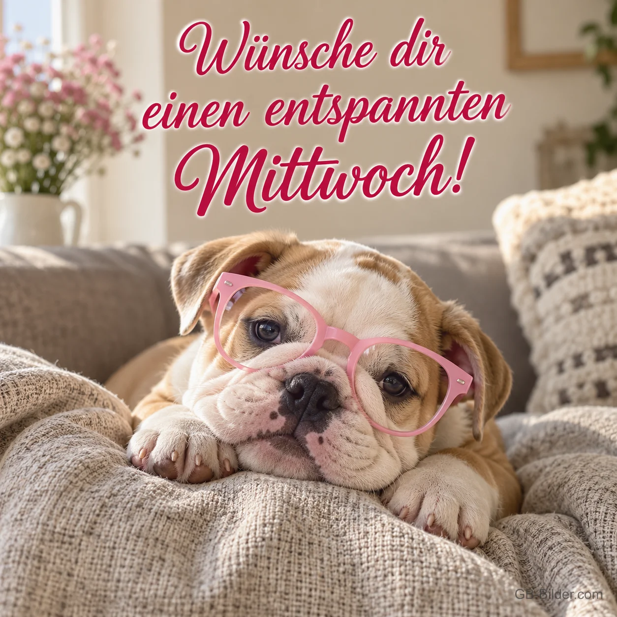Bulldoggenwelpe mit rosa Brille liegt auf dem Sofa, Text: Wünsche dir einen entspannten Mittwoch! Bulldoggenwelpe mit rosa Brille liegt auf dem Sofa, Text: Wünsche dir einen entspannten Mittwoch!