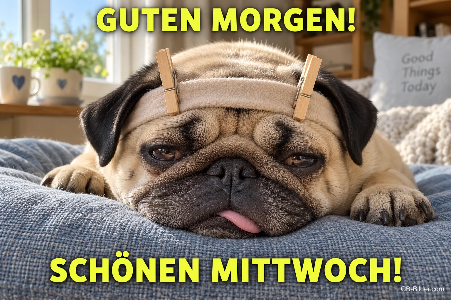 Mops mit Wäscheklammern an der Stirn liegt müde auf einem Kissen, Text: GUTEN MORGEN! – SCHÖNEN MITTWOCH! Mops mit Wäscheklammern an der Stirn liegt müde auf einem Kissen, Text: GUTEN MORGEN! – SCHÖNEN MITTWOCH!