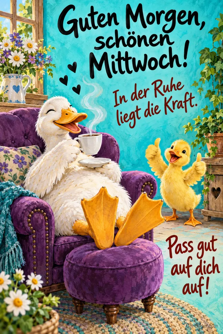 Weiße Ente trinkt entspannt Tee im lila Sessel, ein Küken winkt, Text: Guten Morgen, schönen Mittwoch! In der Ruhe liegt die Kraft. Pass gut auf dich auf!