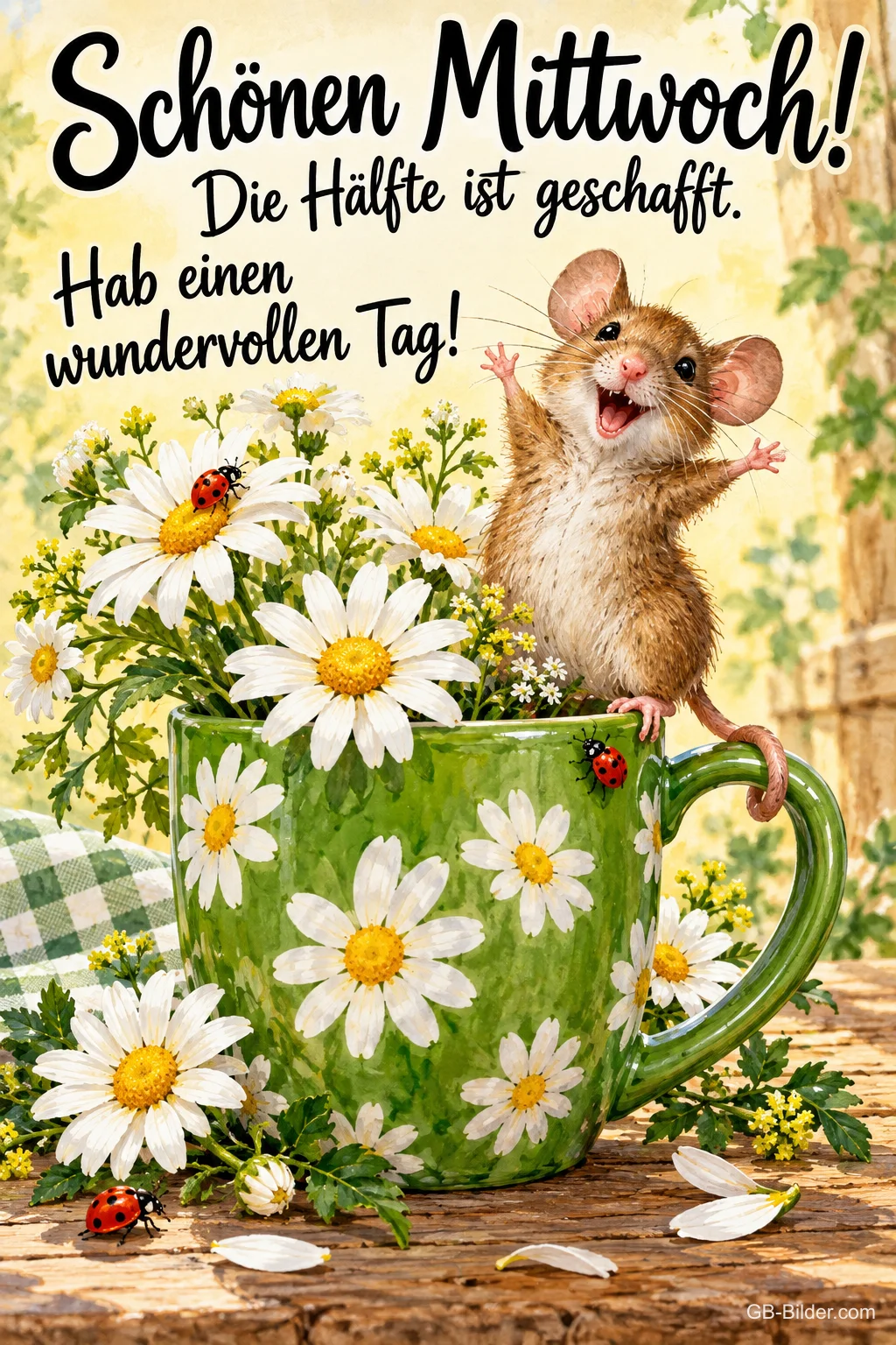 Lachende Maus sitzt auf einer grünen Tasse voller Gänseblümchen, Text: Schönen Mittwoch! Die Hälfte ist geschafft. Hab einen wundervollen Tag! Lachende Maus sitzt auf einer grünen Tasse voller Gänseblümchen, Text: Schönen Mittwoch! Die Hälfte ist geschafft. Hab einen wundervollen Tag!