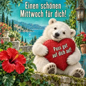 Eisbär umarmt ein rotes Herz am Meer, Text: Einen schönen Mittwoch für dich! – Pass gut auf dich auf!