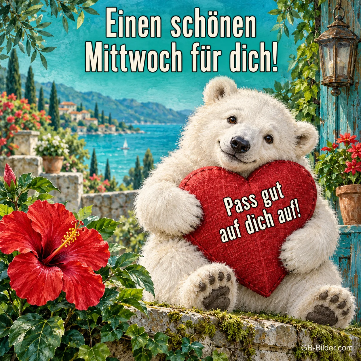 Eisbär umarmt ein rotes Herz am Meer, Text: Einen schönen Mittwoch für dich! – Pass gut auf dich auf! Eisbär umarmt ein rotes Herz am Meer, Text: Einen schönen Mittwoch für dich! – Pass gut auf dich auf!