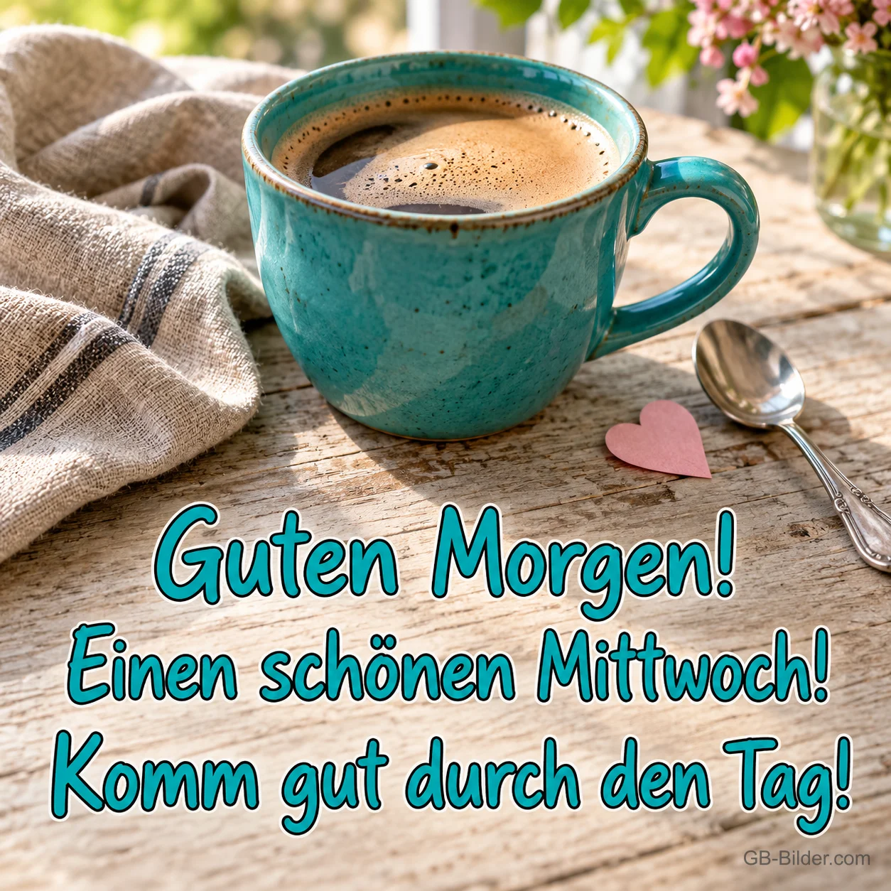 Türkise Kaffeetasse auf einem Holztisch, Text: Guten Morgen! – Einen schönen Mittwoch! Komm gut durch den Tag! Türkise Kaffeetasse auf einem Holztisch, Text: Guten Morgen! – Einen schönen Mittwoch! Komm gut durch den Tag!