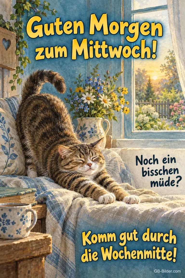 Getigerte Katze streckt sich auf einem Sessel am Fenster, Text: Guten Morgen zum Mittwoch! Noch ein bisschen müde? Komm gut durch die Wochenmitte!