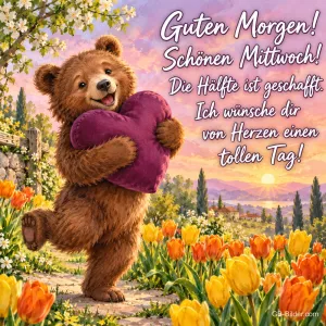 Bär mit Herzkissen tanzt durch ein Tulpenfeld, Text: Guten Morgen! Schönen Mittwoch! – Die Hälfte ist geschafft. Ich wünsche dir von Herzen einen tollen Tag!