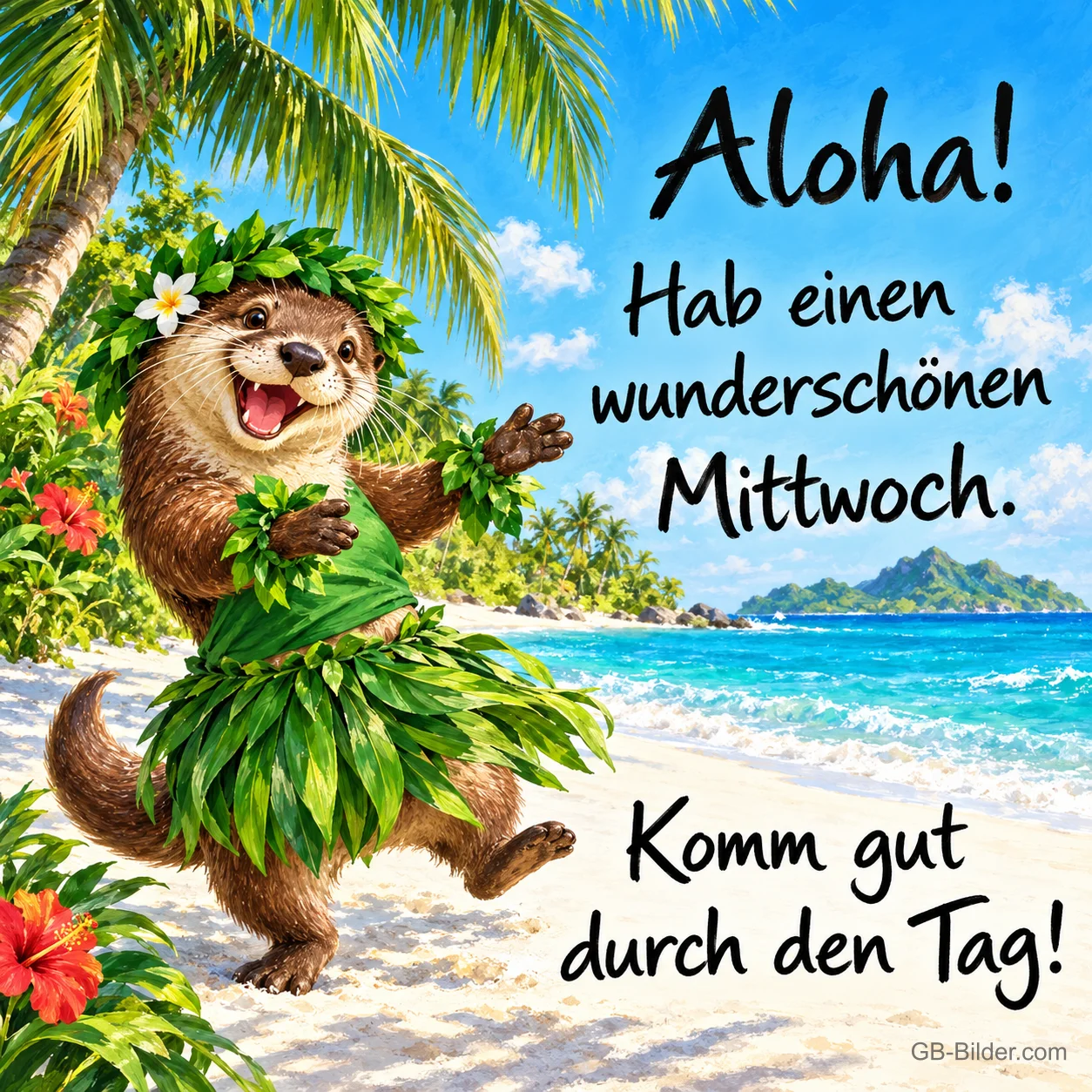 Otter im Bastrock und mit Blumenkranz tanzt am Palmenstrand, Text: Aloha! Hab einen wunderschönen Mittwoch. Komm gut durch den Tag! Otter im Bastrock und mit Blumenkranz tanzt am Palmenstrand, Text: Aloha! Hab einen wunderschönen Mittwoch. Komm gut durch den Tag!