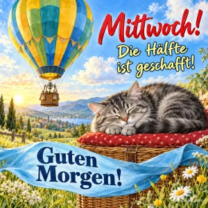 Katze schläft auf einem Kissen, ein Heißluftballon fliegt, Text: Mittwoch! Die Hälfte ist geschafft! – Guten Morgen!