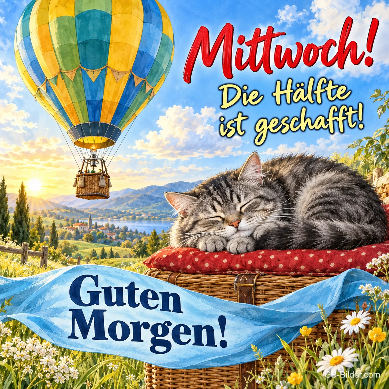 Katze schläft auf einem Kissen, ein Heißluftballon fliegt, Text: Mittwoch! Die Hälfte ist geschafft! – Guten Morgen! Katze schläft auf einem Kissen, ein Heißluftballon fliegt, Text: Mittwoch! Die Hälfte ist geschafft! – Guten Morgen!