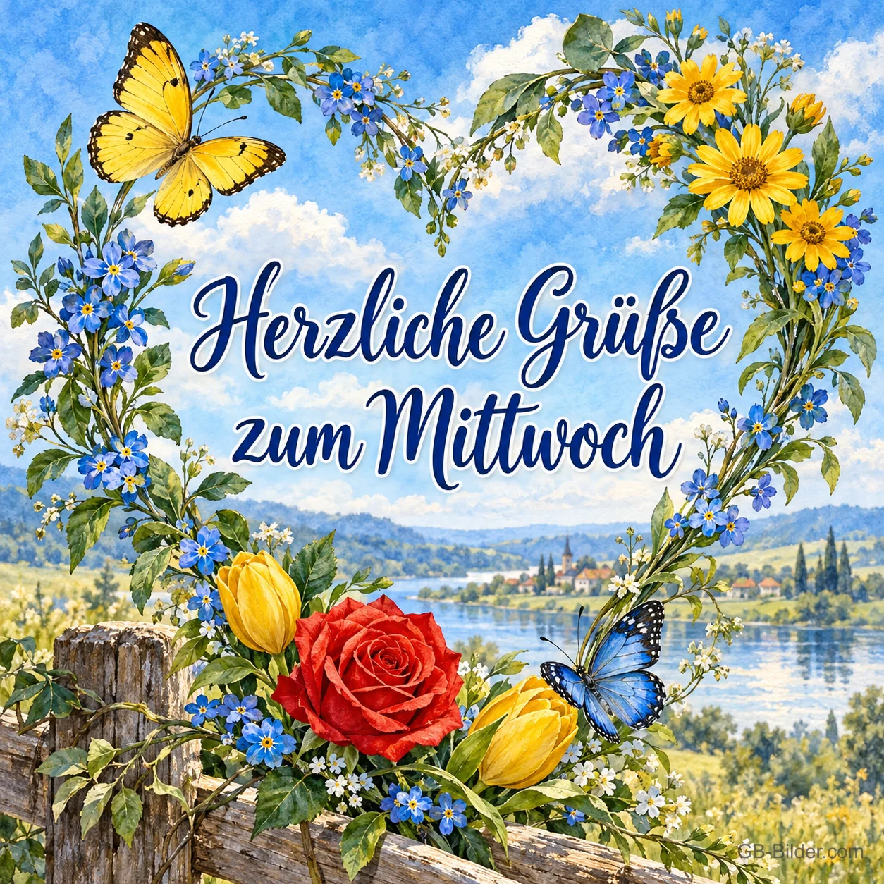 Herz aus Blumen mit Schmetterlingen über einem See, Text: Herzliche Grüße zum Mittwoch Herz aus Blumen mit Schmetterlingen über einem See, Text: Herzliche Grüße zum Mittwoch