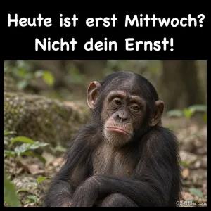 Junger Schimpanse sitzt nachdenklich im Wald, Text: Heute ist erst Mittwoch? Nicht dein Ernst!