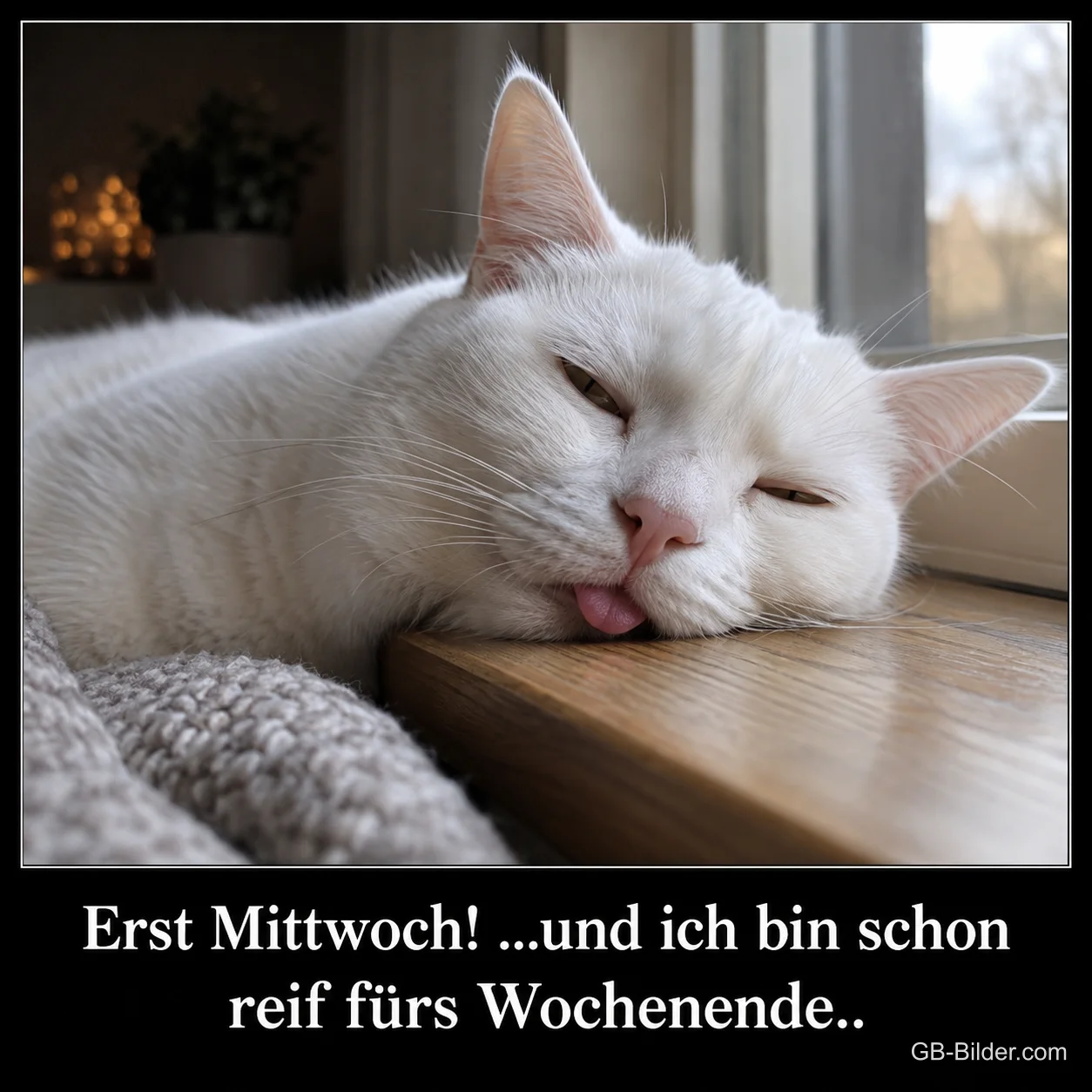 Weiße Katze liegt müde mit Zunge auf einer Fensterbank, Text: Erst Mittwoch! …und ich bin schon reif fürs Wochenende..