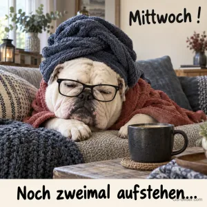 Bulldogge mit Handtuch auf dem Kopf und Brille liegt auf dem Sofa neben einer Tasse, Text: Mittwoch! Noch zweimal aufstehen…