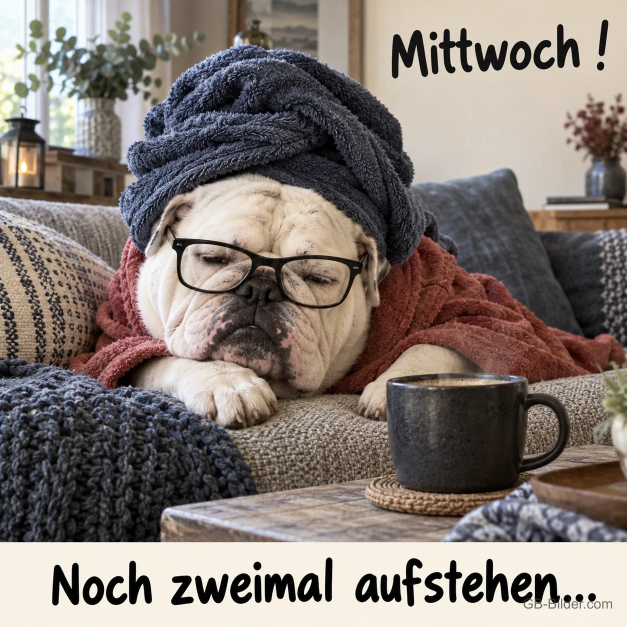Bulldogge mit Handtuch auf dem Kopf und Brille liegt auf dem Sofa neben einer Tasse, Text: Mittwoch! Noch zweimal aufstehen…