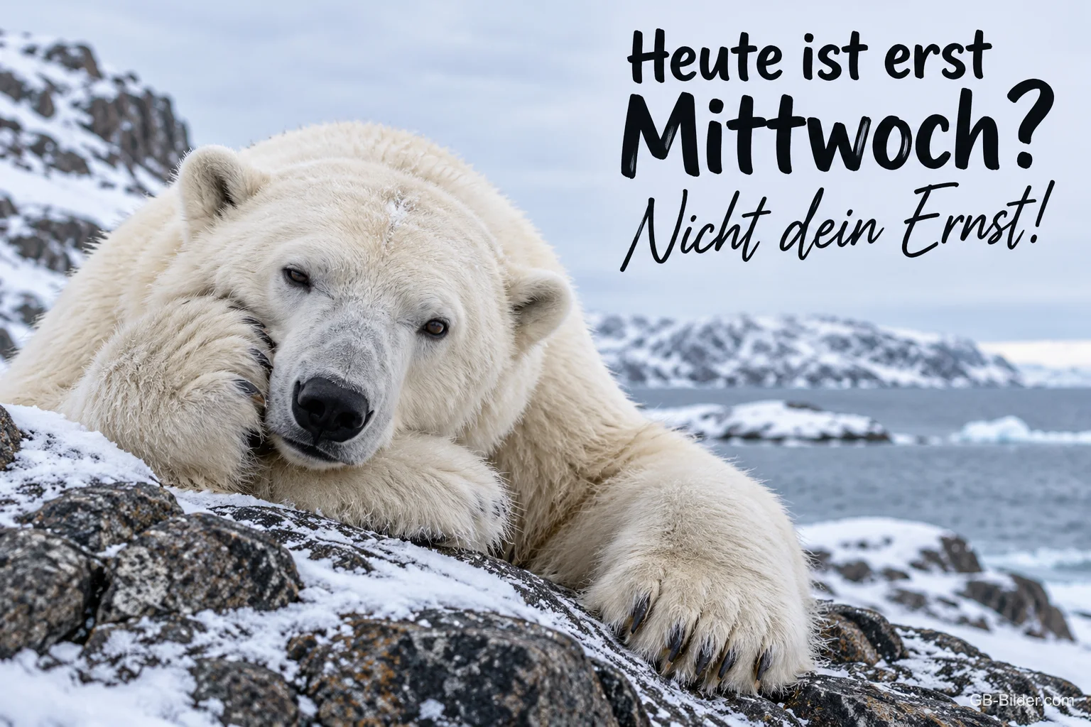 Eisbär hält sich die Pfote vor das Gesicht, Text: Heute ist erst Mittwoch? – Nicht dein Ernst! Eisbär hält sich die Pfote vor das Gesicht, Text: Heute ist erst Mittwoch? – Nicht dein Ernst!