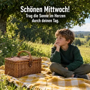 Junge sitzt neben einem Picknickkorb auf einer Wiese, Text: Schönen Mittwoch! – Trag die Sonne im Herzen durch deinen Tag.