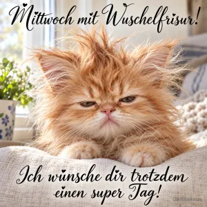 Zerzaustes rotes Kätzchen schaut mürrisch auf einer Decke, Text: Mittwoch mit Wuschelfrisur! – Ich wünsche dir trotzdem einen super Tag!