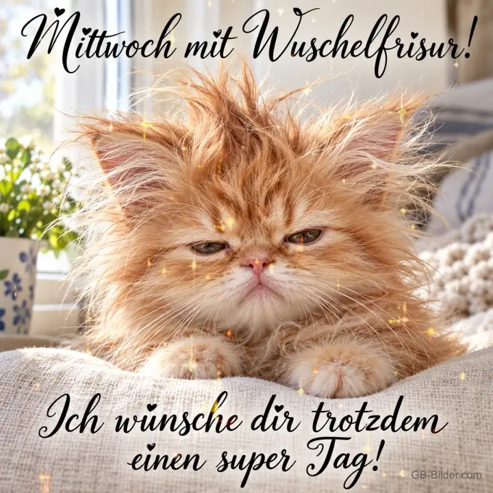 Zerzaustes rotes Kätzchen schaut mürrisch auf einer Decke, Text: Mittwoch mit Wuschelfrisur! – Ich wünsche dir trotzdem einen super Tag! Zerzaustes rotes Kätzchen schaut mürrisch auf einer Decke, Text: Mittwoch mit Wuschelfrisur! – Ich wünsche dir trotzdem einen super Tag!