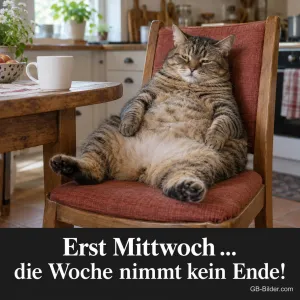 Dicke Tigerkatze sitzt erschöpft auf einem Küchenstuhl, Text: Erst Mittwoch … – die Woche nimmt kein Ende!