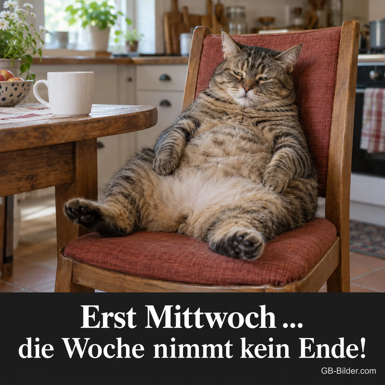 Dicke Tigerkatze sitzt erschöpft auf einem Küchenstuhl, Text: Erst Mittwoch … – die Woche nimmt kein Ende! Dicke Tigerkatze sitzt erschöpft auf einem Küchenstuhl, Text: Erst Mittwoch … – die Woche nimmt kein Ende!