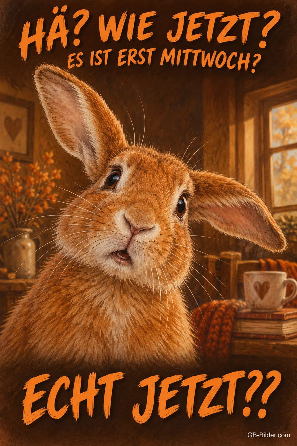Hase mit großen Augen schaut verdutzt, Text: HÄ? WIE JETZT? ES IST ERST MITTWOCH? – ECHT JETZT?? Hase mit großen Augen schaut verdutzt, Text: HÄ? WIE JETZT? ES IST ERST MITTWOCH? – ECHT JETZT??