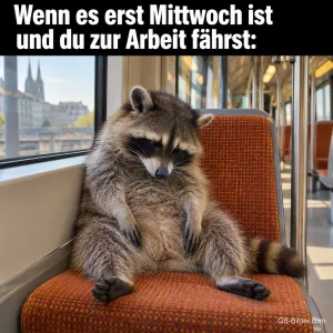 Waschbär sitzt erschöpft in einem Zugsitz, Text: Wenn es erst Mittwoch ist und du zur Arbeit fährst: