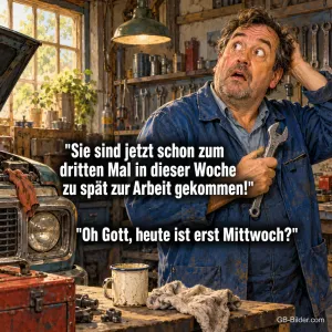Verdutzter Mechaniker in der Werkstatt, Text: "Sie sind jetzt schon zum dritten Mal in dieser Woche zu spät zur Arbeit gekommen!" – "Oh Gott, heute ist erst Mittwoch?"